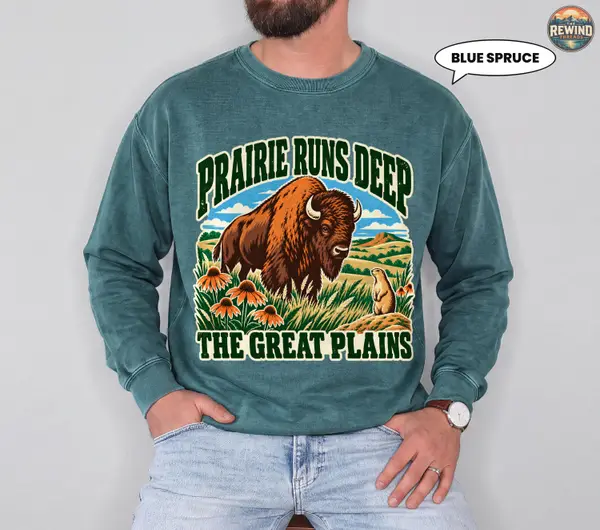 Bison Sweatshirt, Prairie Runs Deep Great Plains Vintage Crewneck, Retro Buffalo Prairie Dog Badge, Nature Lover Gift