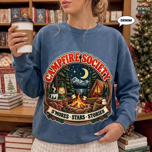 Campfire Society Sweatshirt, Retro Camping Crewneck, S'mores Stars Stories Badge, Vintage Campsite Gift for Campers