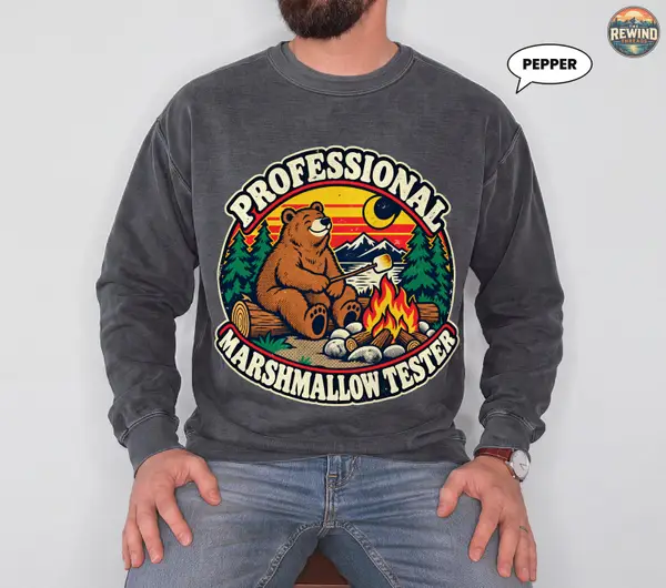 Camping Bear Sweatshirt, Professional Marshmallow Tester Crewneck, Retro Campfire Graphic, Funny S'mores Gift for Campers