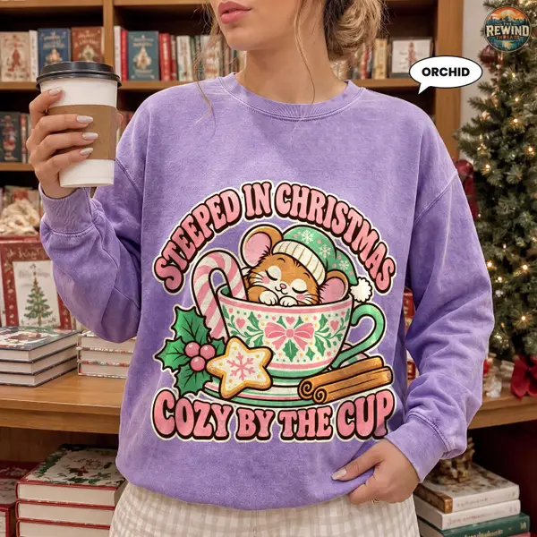 Christmas Mouse Sweatshirt, Steeped in Christmas Cozy by the Cup Crewneck, Retro Teacup Holiday Graphic, Cozy Tea Lover Gift