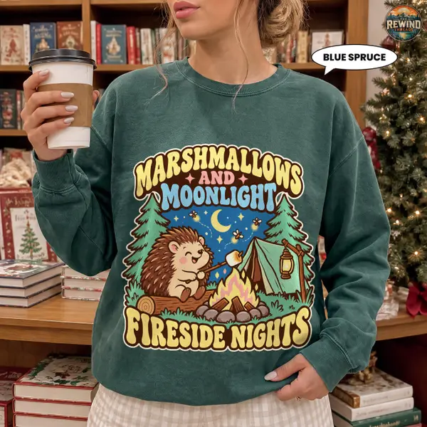 Hedgehog Sweatshirt, Marshmallows and Moonlight Fireside Nights Crewneck, Retro Campfire Camping Badge, Cute Camper Gift for Her