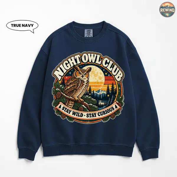 Night Owl Sweatshirt, Vintage Moonlit Forest Crewneck, Retro Mountain Badge, Bird Lover Gift
