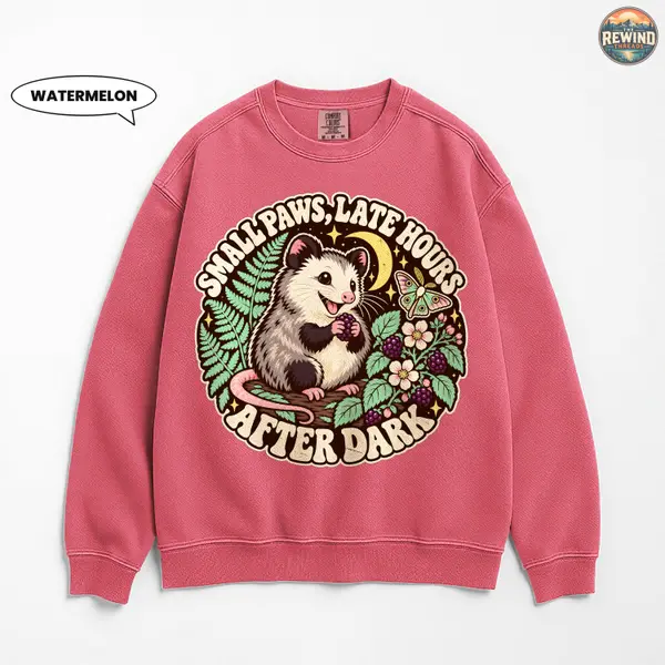 Opossum Sweatshirt, Small Paws Late Hours After Dark Crewneck, Retro Nocturnal Forest Badge, Cottagecore Gift for Possum Lovers