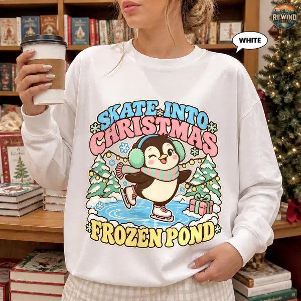 Penguin Sweatshirt, Skate Into Christmas Retro Crewneck, Cute Ice Skating Frozen Pond Graphic, Pastel Holiday Gift for Her