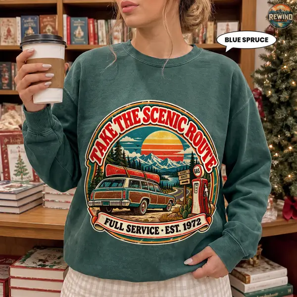 Road Trip Sweatshirt, Take the Scenic Route Retro Crewneck, 70s Station Wagon Canoe Graphic, Mountain Travel Gift