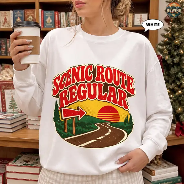 Scenic Route Sweatshirt, Take the Long Way Retro Road Trip Crewneck, Vintage 70s Sunset Travel Badge, Wanderlust Gift for Her