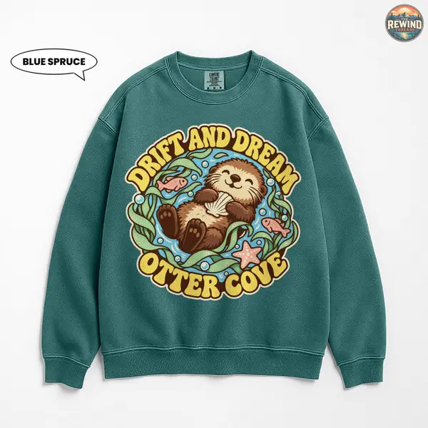 Sea Otter Sweatshirt, Drift and Dream Otter Cove Retro Crewneck, Cute Ocean Animal Badge, Vintage Marine Life Gift for Her