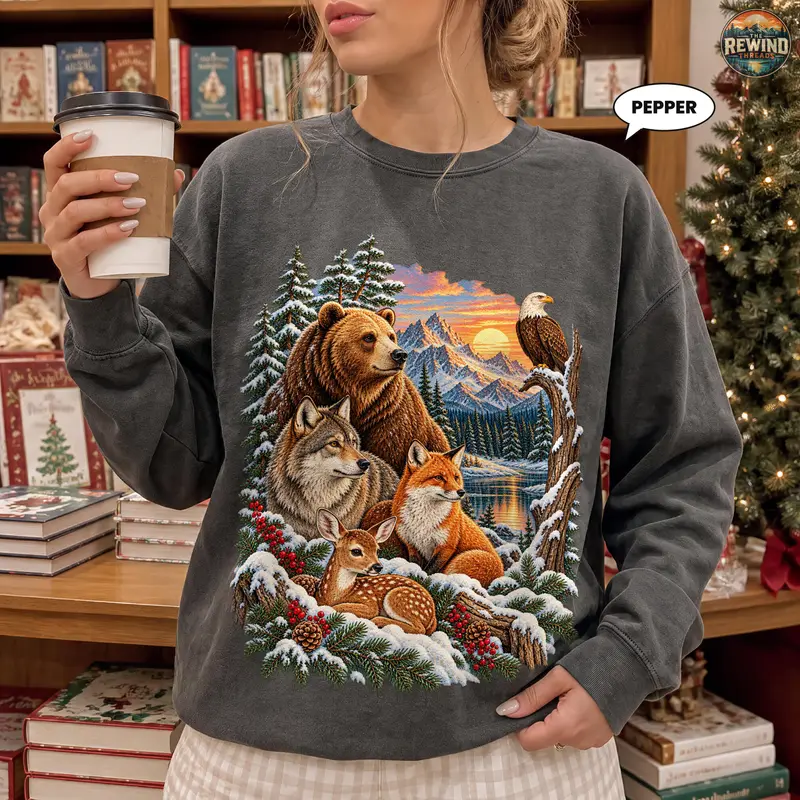 Woman wearing a charcoal grey crewneck sweatshirt featuring a cozy forest scene with a bear, wolf, fox, fawn and eagle at a sunset lake, holding a coffee cup.
