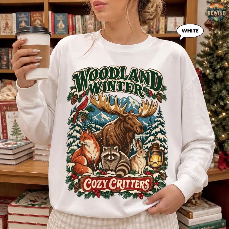 Woman holding a coffee cup wears a white crewneck sweatshirt printed with a Woodland Winter Cozy Critters design showing a moose, fox, raccoon, rabbit and cardinal in a snowy forest.